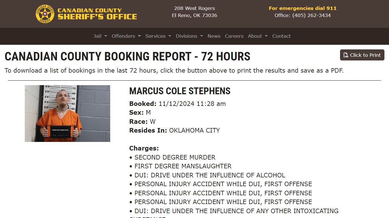 72 Hour Booking Report | Canadian County Sheriff's Office